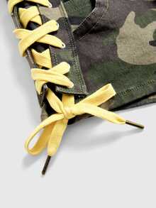 ROMWE Y2K Avant-Garde Sexy Fitted Camouflage Side Tie Ultra Short Low Waist Denim Shorts For Women - Army Green - View 2