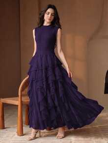 Anewsta Women's New Sleeveless Knit Crochet Patchwork Multi-Layer Ruffle Hem Romantic Elegant Long Dress - Bold Plum - View 8