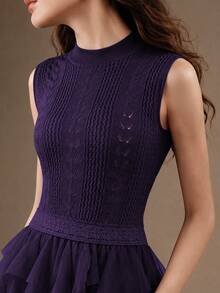 Anewsta Women's New Sleeveless Knit Crochet Patchwork Multi-Layer Ruffle Hem Romantic Elegant Long Dress - Bold Plum - View 2
