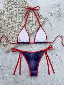 SHEIN Swim Women's Summer Navy Blue And White Floral Print Sexy Tropical Halter Triangle Bikini Set Beach Party - Navy Blue - View 2