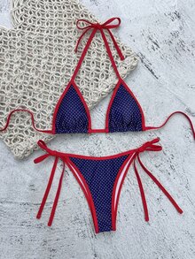 SHEIN Swim Women's Summer Navy Blue And White Floral Print Sexy Tropical Halter Triangle Bikini Set Beach Party - Navy Blue - View 4