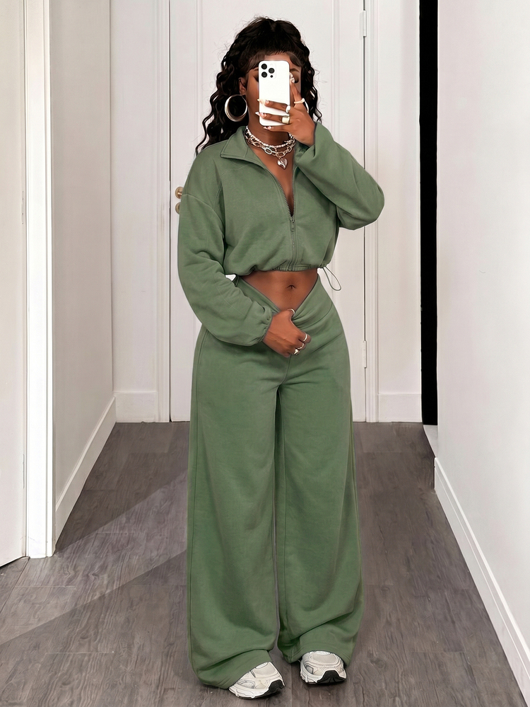 BamGleam Women's Autumn/Winter Solid Color Zip-Up Sweatshirt And Wide Leg Pants Casual Streetwear 2 Pieces Set Lounge Travel Sage Green Airport - Army Green - View 6