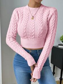 SHEIN Raffinéa Suéter de punto de cable corto de unicolor simple para uso diario y casual de mujer, otoño - Rosa - Ver 5