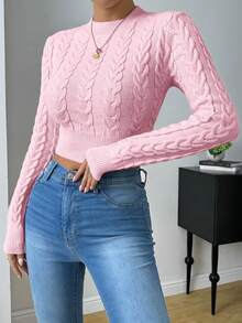 SHEIN Raffinéa Suéter de punto de cable corto de unicolor simple para uso diario y casual de mujer, otoño - Rosa - Ver 6