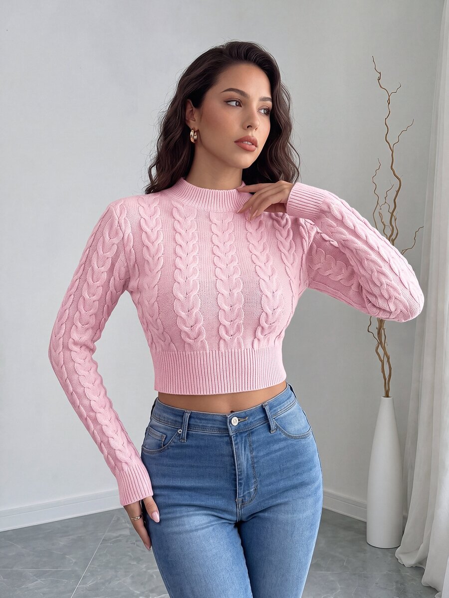 SHEIN Raffinéa Suéter de punto de cable corto de unicolor simple para uso diario y casual de mujer, otoño - Rosa - Ver 1