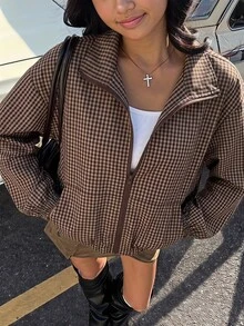 SHEIN 青少年女孩棕色格紋印花立領拉鍊短版飛行夾克，休閒格紋彈性下擺長袖防風外套 - 棕色 - 查看 2