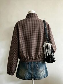 SHEIN 青少年女孩棕色格紋印花立領拉鍊短版飛行夾克，休閒格紋彈性下擺長袖防風外套 - 棕色 - 查看 4
