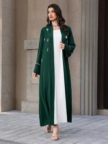Mulvari Long Sleeve Loose Elegant Modest Casual Luxurious Daily Jacket Pearl Decoration Formal Christening Guest Green Winter Graduation Night - Dark Green - View 7