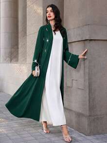Mulvari Long Sleeve Loose Elegant Modest Casual Luxurious Daily Jacket Pearl Decoration Formal Christening Guest Green Winter Graduation Night - Dark Green - View 8