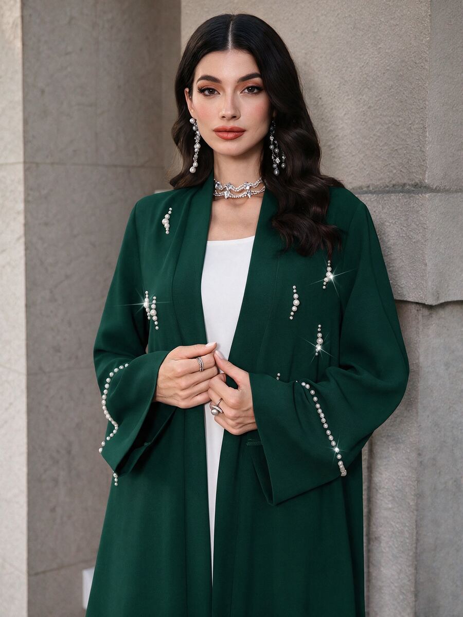 Mulvari Long Sleeve Loose Elegant Modest Casual Luxurious Daily Jacket Pearl Decoration Formal Christening Guest Green Winter Graduation Night