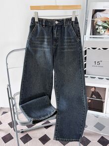 Tween Boy Fashion Casual Kids Y2k Vintage Washed Design Dark Blue Loose And Comfortable Jeans - Dark Wash - View 1
