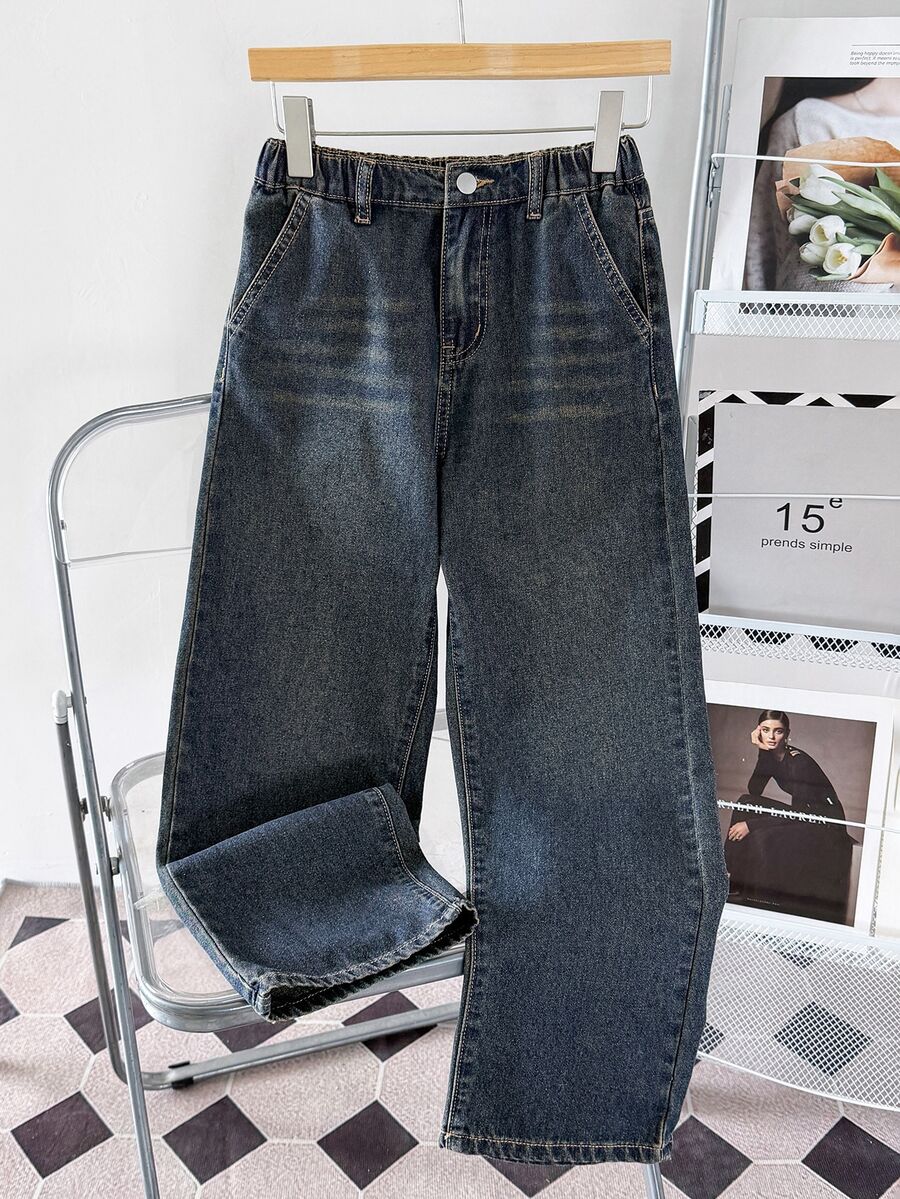 Tween Boy Fashion Casual Kids Y2k Vintage Washed Design Dark Blue Loose And Comfortable Jeans - Dark Wash - View 1