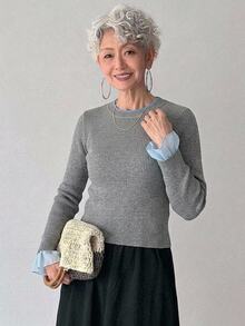 FRIFUL Middle-Aged Women Ribbed Mesh Patchwork Knit Sweater - Grey - View 6