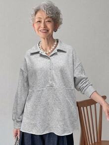 FRIFUL Women's Solid Color Casual Versatile Daily Wear Long Sleeve Sweatshirt - Grey - View 5