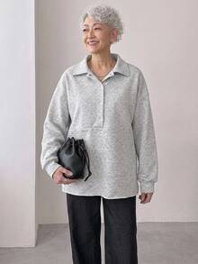 FRIFUL Women's Solid Color Casual Versatile Daily Wear Long Sleeve Sweatshirt - Grey - View 3