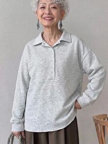 FRIFUL Women's Solid Color Casual Versatile Daily Wear Long Sleeve Sweatshirt - Grey - View 1