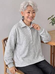 FRIFUL Women's Solid Color Casual Versatile Daily Wear Long Sleeve Sweatshirt - Grey - View 6
