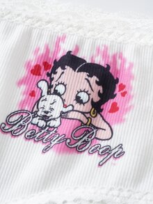 Betty Boop x SHEIN Women's Letter Cartoon Print Camisole Top And Shorts Casual Lingerie Set - White - View 13