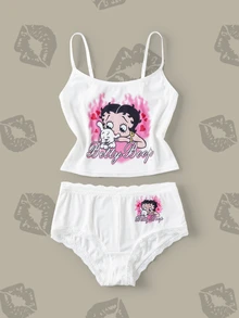Betty Boop x SHEIN Women's Letter Cartoon Print Camisole Top And Shorts Casual Lingerie Set - White - View 3