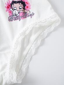 Betty Boop x SHEIN Women's Letter Cartoon Print Camisole Top And Shorts Casual Lingerie Set - White - View 11