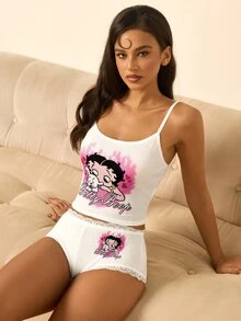 Betty Boop x SHEIN Women's Letter Cartoon Print Camisole Top And Shorts Casual Lingerie Set - White - View 1