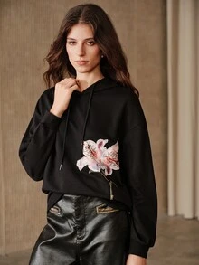 Anewsta Women's Floral Embroidered Long Sleeve Drawstring Hooded Casual Sweatshirt - Black - View 7