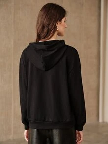 Anewsta Women's Floral Embroidered Long Sleeve Drawstring Hooded Casual Sweatshirt - Black - View 2