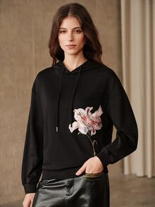 Anewsta Women's Floral Embroidered Long Sleeve Drawstring Hooded Casual Sweatshirt - Black - View 3