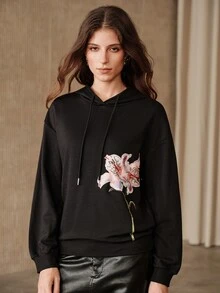 Anewsta Women's Floral Embroidered Long Sleeve Drawstring Hooded Casual Sweatshirt - Black - View 4