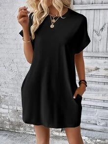 Selamara Solid Batwing Sleeve Hidden Pocket Tee Dress - Black - View 4