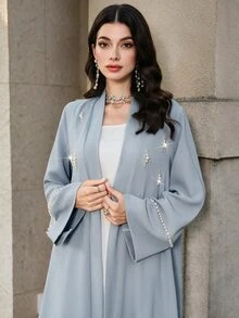 Mulvari 珍珠裝飾優雅菲律賓風寬鬆版長袖休閒外套，適合婚禮、夜晚、秋季 - 藍色 - 查看 1