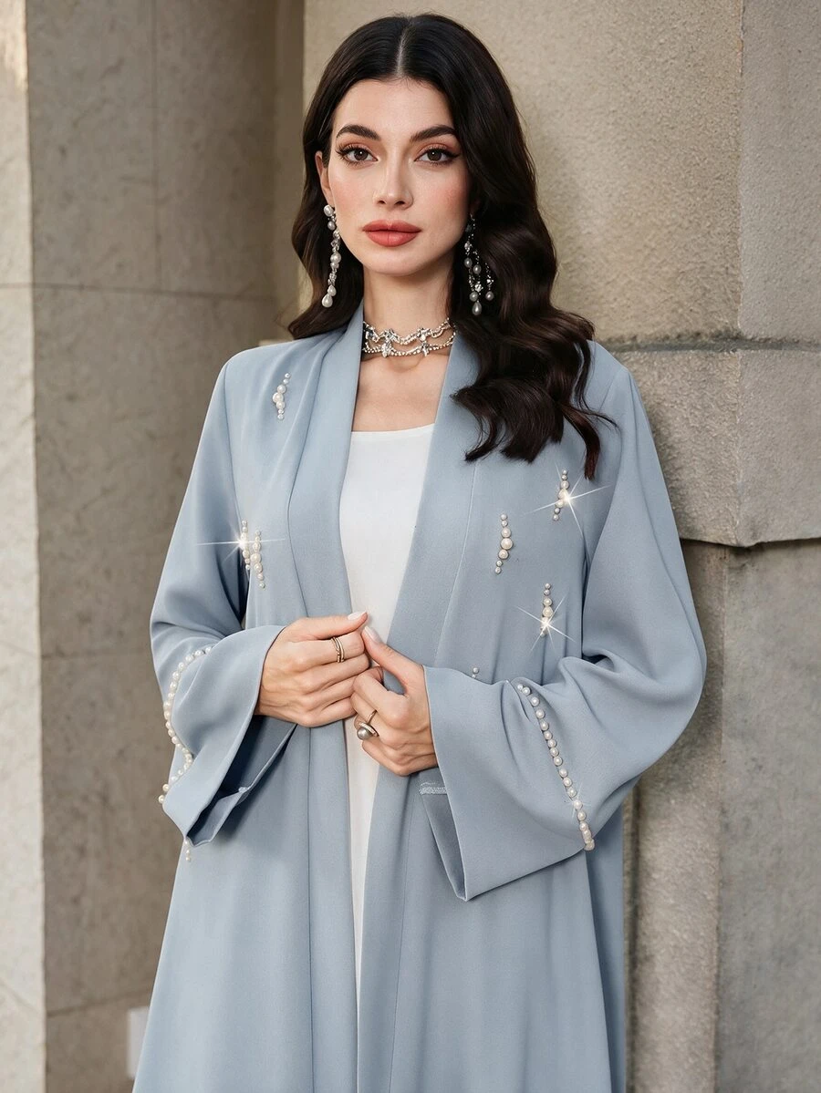 Mulvari 珍珠裝飾優雅菲律賓風寬鬆版長袖休閒外套,適合婚禮、夜晚、秋季 - 藍色 - 查看 1