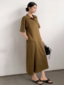 Dazy-Less Casual Business Straight Loose Patchwork Midi Dress For Women Summer Sundress Shirt Dress Brunch Shades Of Brown - Camel - View 1