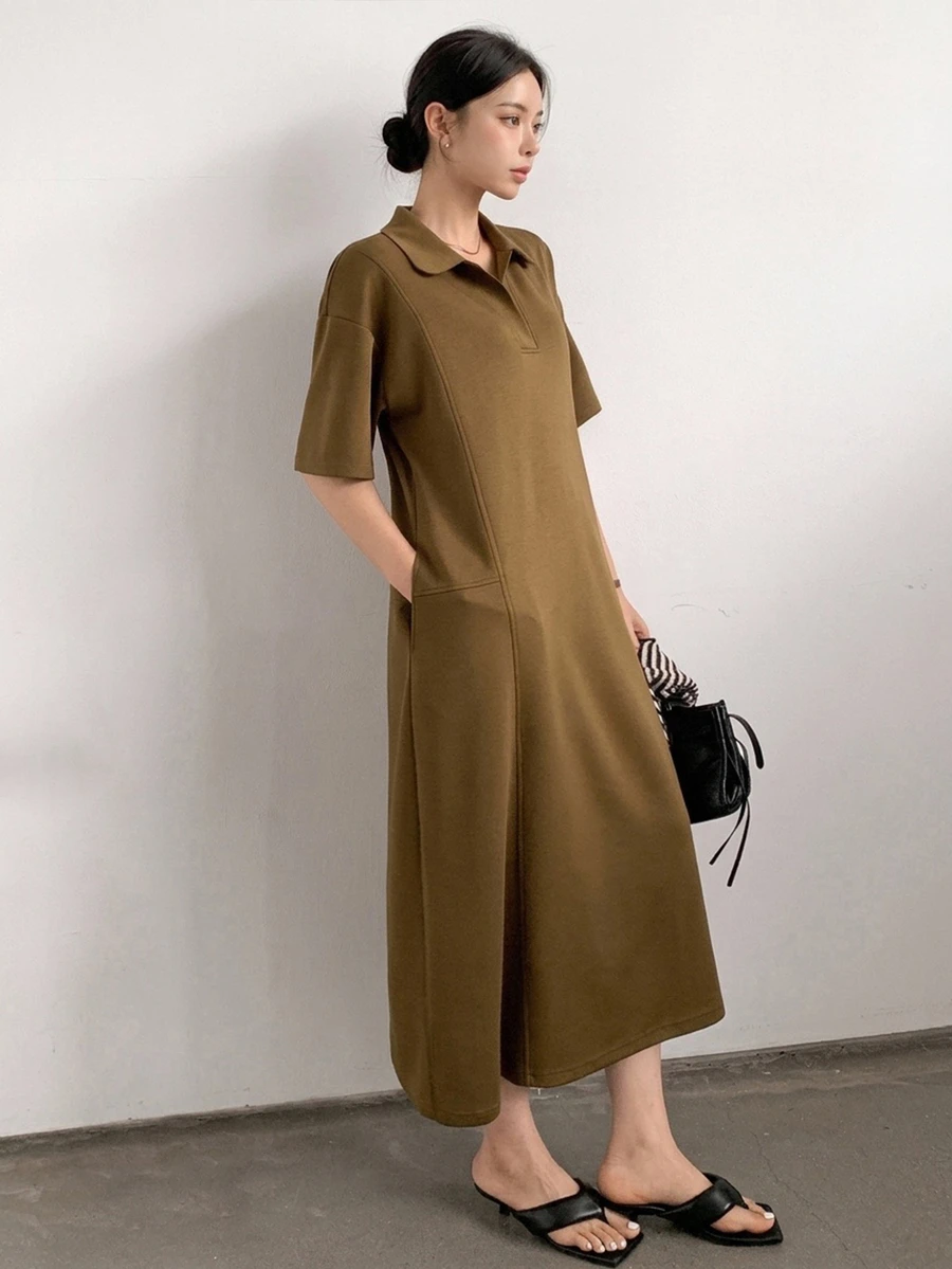 Dazy-Less Casual Business Straight Loose Patchwork Midi Dress For Women Summer Sundress Shirt Dress Brunch Shades Of Brown - Camel - View 1