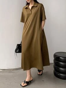 Dazy-Less Casual Business Straight Loose Patchwork Midi Dress For Women Summer Sundress Shirt Dress Brunch Shades Of Brown - Camel - View 3