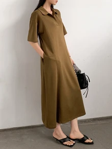 Dazy-Less Casual Business Straight Loose Patchwork Midi Dress For Women Summer Sundress Shirt Dress Brunch Shades Of Brown - Camel - View 9