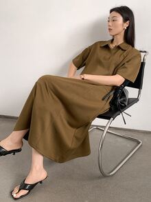 Dazy-Less Casual Business Straight Loose Patchwork Midi Dress For Women Summer Sundress Shirt Dress Brunch Shades Of Brown - Camel - View 7