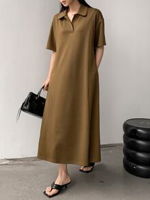 Dazy-Less Casual Business Straight Loose Patchwork Midi Dress For Women Summer Sundress Shirt Dress Brunch Shades Of Brown - Camel - View 2