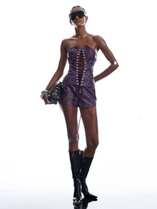 LYSMO Women's PU Leather Strappy Design Bandeau Top And Shorts Fashion Sexy Set - Purple - View 3