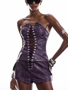 LYSMO Women's PU Leather Strappy Design Bandeau Top And Shorts Fashion Sexy Set - Purple - View 1