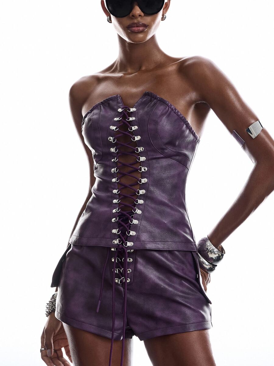 LYSMO Women's PU Leather Strappy Design Bandeau Top And Shorts Fashion Sexy Set - Purple - View 1
