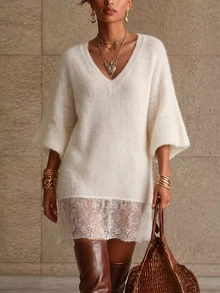 SHEIN Women's V-Neck Mid-Sleeve Sweater, Casual Contrast Lace Spring/Autumn Outfit, White Fashionable Lazy Style, Versatile Lace Hem Sweater - White - View 4