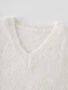 SHEIN Women's V-Neck Mid-Sleeve Sweater, Casual Contrast Lace Spring/Autumn Outfit, White Fashionable Lazy Style, Versatile Lace Hem Sweater - White - View 6