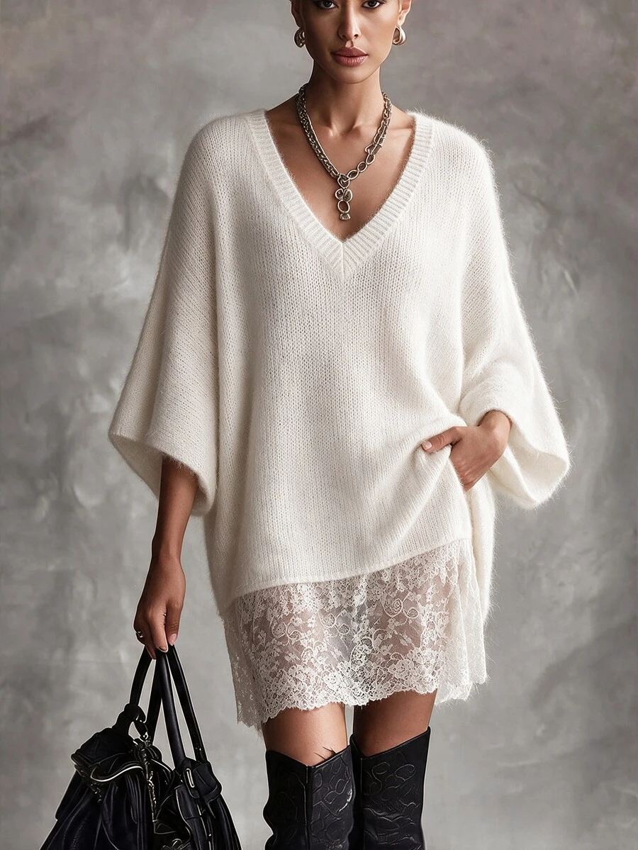 SHEIN Women's V-Neck Mid-Sleeve Sweater, Casual Contrast Lace Spring/Autumn Outfit, White Fashionable Lazy Style, Versatile Lace Hem Sweater - White - View 1