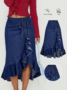 Sweetra Fashionable Casual Tie-Up Bow Ruffle Hem Denim Mini Skirt Vacation Dark Blue Autumn - Dark Wash - View 1