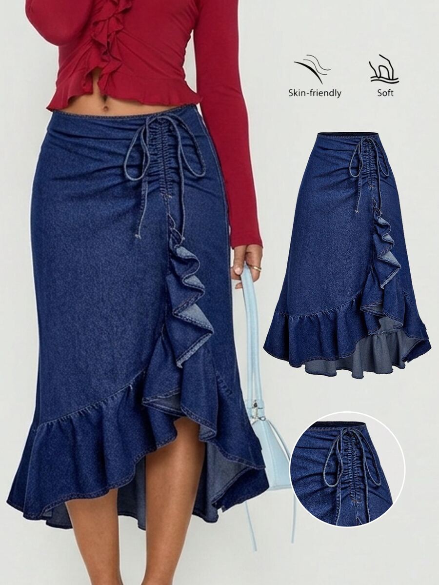 Sweetra Fashionable Casual Tie-Up Bow Ruffle Hem Denim Mini Skirt Vacation Dark Blue Autumn - Dark Wash - View 1