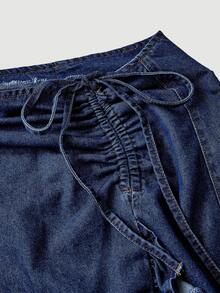 Sweetra Fashionable Casual Tie-Up Bow Ruffle Hem Denim Mini Skirt Vacation Dark Blue Autumn - Dark Wash - View 5