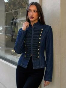 Aloruh Women's Long Sleeve Button Design Casual Preppy Elegant Napoleon Denim Jacket Dinner Date Night Fall Casual Blouses For Women - Dark Wash - View 5