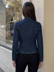 Aloruh Women's Long Sleeve Button Design Casual Preppy Elegant Napoleon Denim Jacket Dinner Date Night Fall Casual Blouses For Women - Dark Wash - View 3