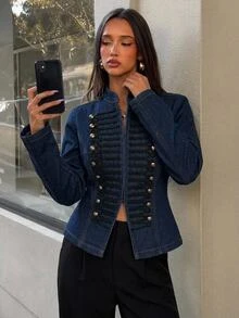 Aloruh Women's Long Sleeve Button Design Casual Preppy Elegant Napoleon Denim Jacket Dinner Date Night Fall Casual Blouses For Women - Dark Wash - View 2